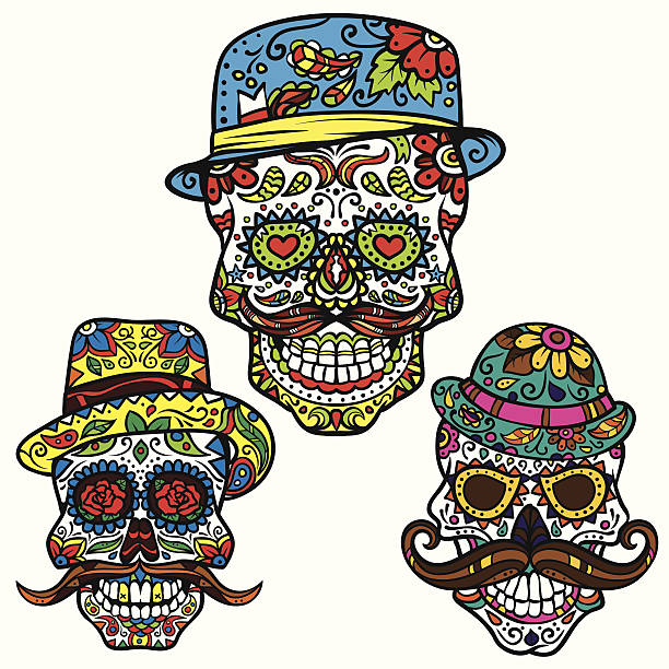 ilustrações, clipart, desenhos animados e ícones de dia dos mortos vetor definido-hipster crânios de açúcar - day of the dead skull tattoo mexico