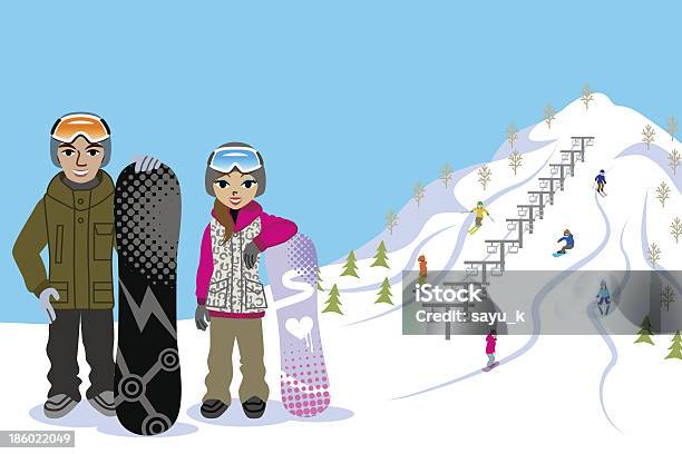 Ilustración de Snowboard Pareja En Pista De Esquí y más Vectores Libres de Derechos de Actividad al aire libre - Actividad al aire libre, Actividades recreativas, Adulto