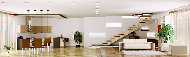 istock Interior of modern apartment panorama 3d render 186022942