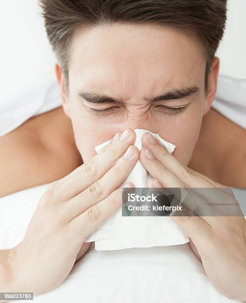 Malato Di Influenza Uomo - Fotografie stock e altre immagini di Soffiarsi il naso - Soffiarsi il naso, Adulto, Allergia