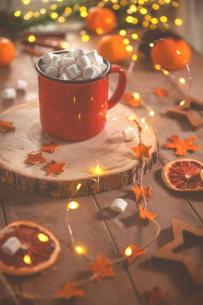 istock Cute cozy winter composition. red mug, marshmallows, oranges and Christmas lights. 1860303366