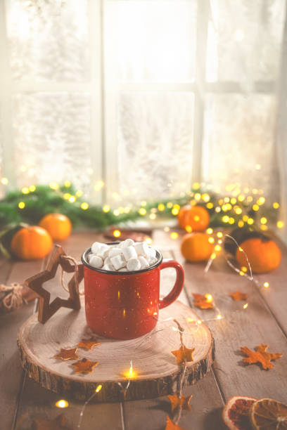 istock Cute cozy winter composition. red mug, marshmallows, oranges and Christmas lights. 1860305413