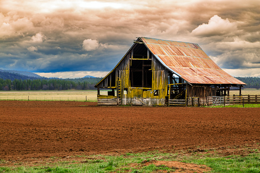 Ancient barn with peeling red paint in western USA, Colorado, USA