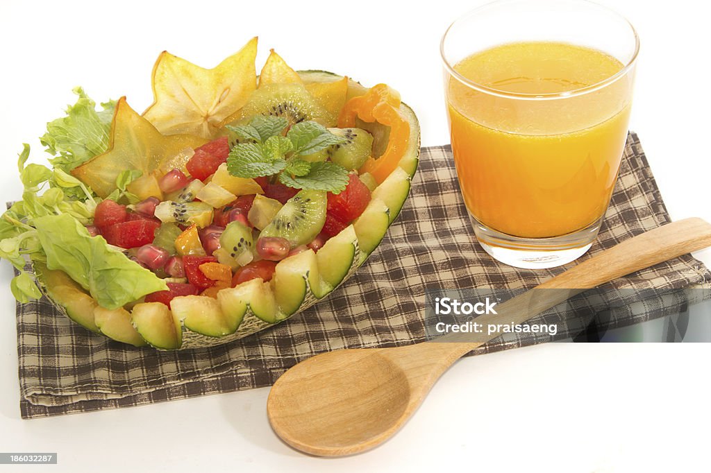 Salada de frutas melão com suco de laranja - Foto de stock de Café da manhã royalty-free