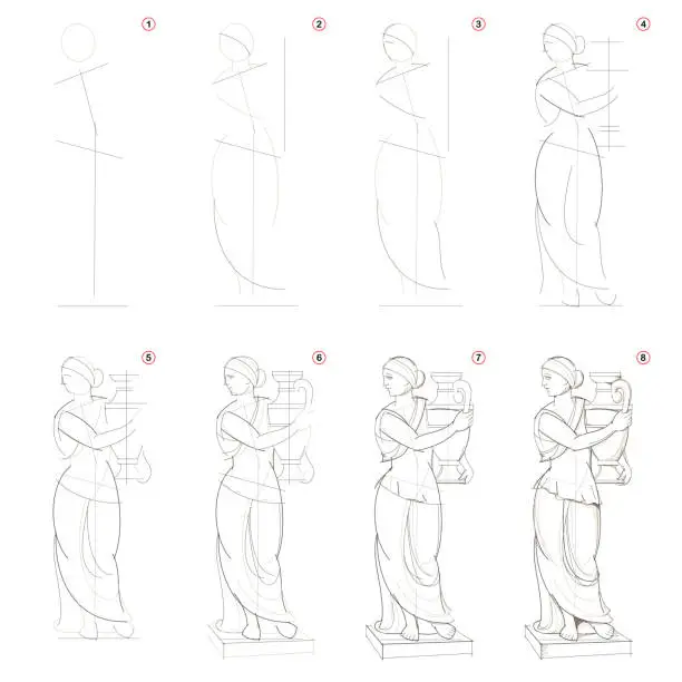 Vector illustration of How to create step by step pencil drawing. Page shows how to learn step by step draw imaginary Greek women statue. Print for artists school textbook. Developing design skills. Hand-drawn vector image.