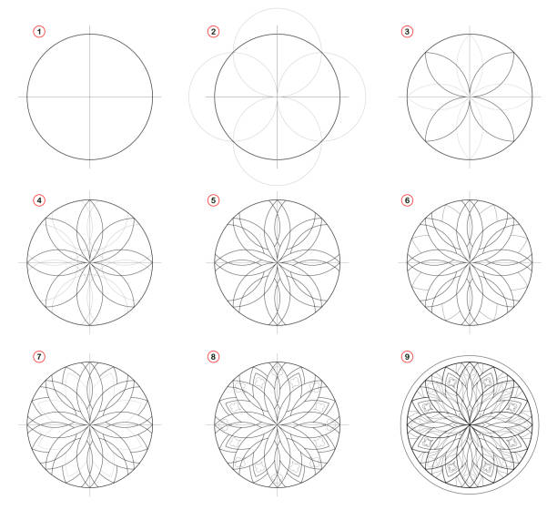 ilustraciones, imágenes clip art, dibujos animados e iconos de stock de creación paso a paso del dibujo a lápiz. la página muestra cómo aprender a dibujar vidrieras góticas con rosetón. libro de texto escolar impreso para artistas. desarrollar habilidades para el diseño. imagen vectorial dibujada a mano. - window rose window gothic style architecture