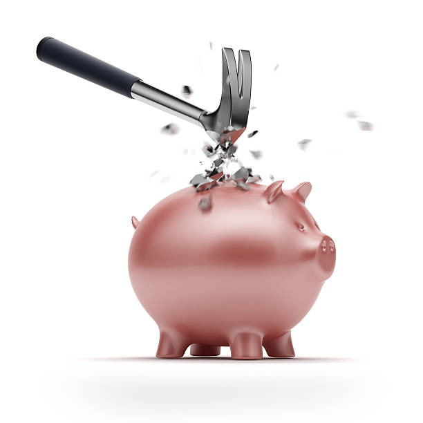 istock Strong piggy bank and broken hammer 186035003