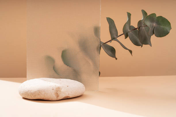istock Podium for exhibitions and product presentations, material: stone, wood, eucalyptus. Beautiful beige or peach background made from natural materials. Abstract nature scene with composition. 1860364936