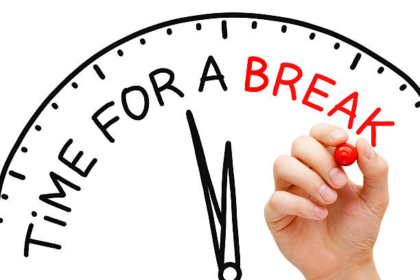 Time for a Break Hand writing Time for a Break concept with red marker on transparent wipe board. break time stock pictures, royalty-free photos & images