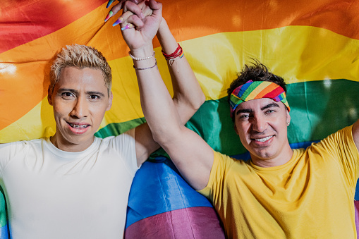 Portrait of a gay couple holding a rainbow flag