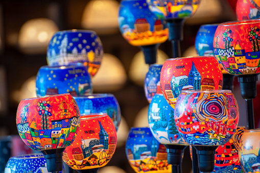 Decorated lamps sell on Christmas Market in Vienna, Austria