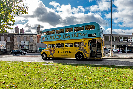 A city tour bus, Vintage Tea Trips, in Dublin, Ireland, serving afternoon tea, a unique way to see the city.