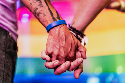 Close-up of a gay couple holding hands with rainbow flag on background