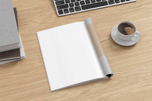 istock Magazine left-hand page mockup on wooden workplace desk 1860417039