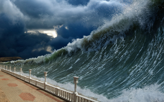 Apocalyptic dramatic background - giant tsunami waves, dark stormy sky