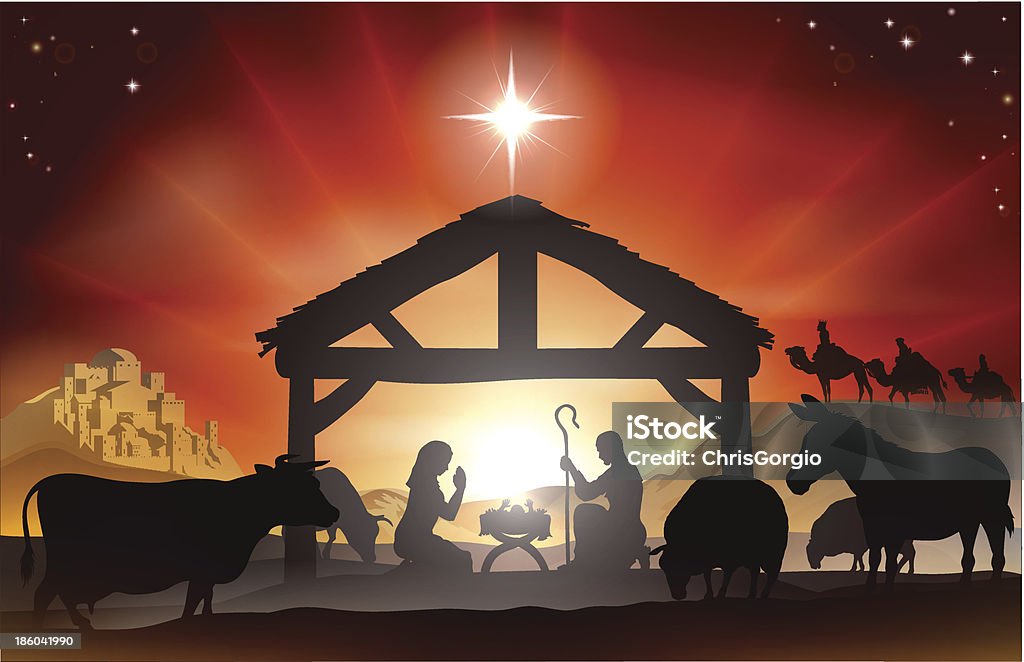 Christmas Nativity Scene Christmas Christian nativity scene with baby Jesus in the manger in silhouette, three wise men or kings, farm animals and star of Bethlehem Nativity Scene stock vector