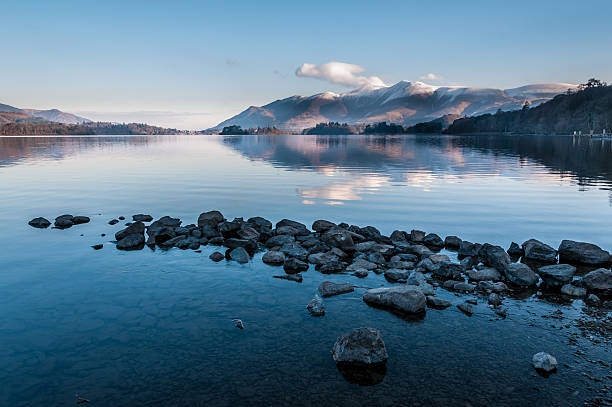 冬の夕景ダーウェントウォーター/湖、Keswick 、西湖区、Cumbira ,英国 ストックフォト