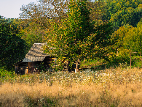 Old authentic wooden house with hayloft in scenic Carpathian mountains Ukraine, Europe, Transcarpathia region. Local countryside travel forest hiking trails. Cottagecore style vacation. Eco tourism