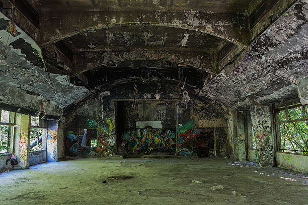 old, empty, factory hall, concrete columns, glass windows