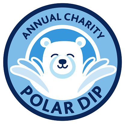 Vector illustration of a Annual Charity Polar Dip event logo design with polar bear and text on white background. Easy to edit or customize. Includes vector eps and high resolution jpg. Royalty free.