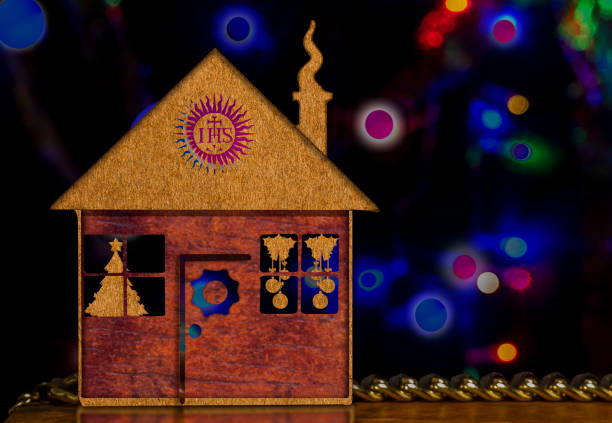 Wooden Christmas house with space for text