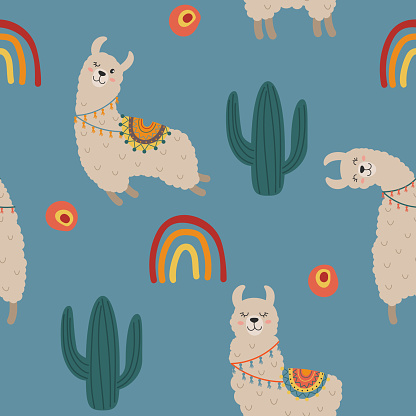 cute llamas, cactuses and doodle rainbows