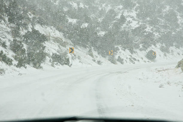 country road en la nieve - foto de stock
