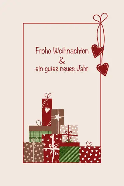 Vector illustration of Frohe Weihnachten und ein gutes neues Jahr - lettering in German language - Merry Christmas and a Happy New Year. Greeting card with colorful Christmas packages.