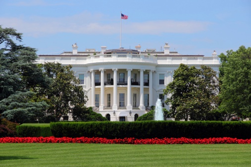 A sweeping view of the White House as seen from the South Lawn in Washing, DC, the nation's capital.