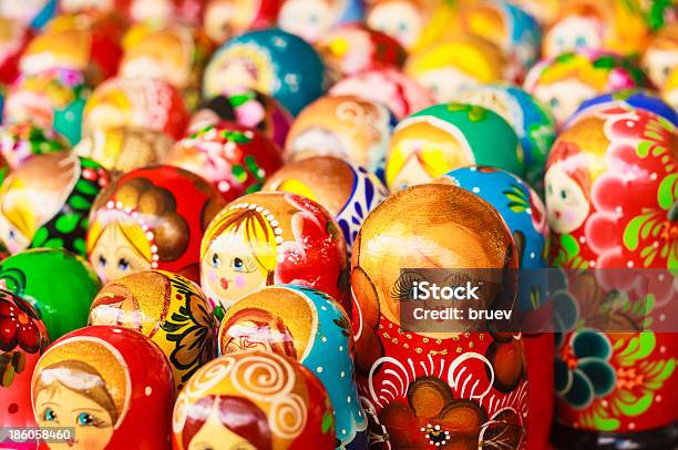 Colorful Russian Nesting Dolls At The Market Stock Photo - Download Image Now - Adult, Art And Craft, Babushka