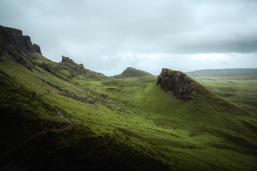 The quiraing. Dark and Dramatic Moody shot of Isle of skye. Nature and landscape concept.