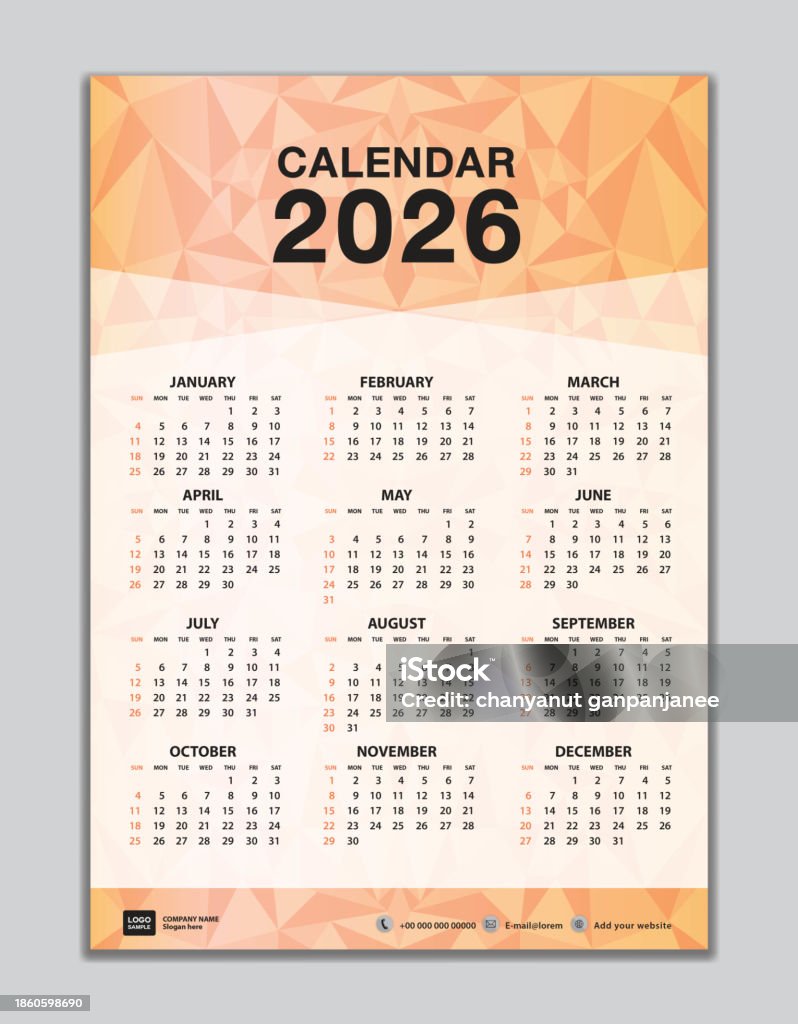 Wall Calendar 2026 Template On Orange Polygon Background Calendar 2026