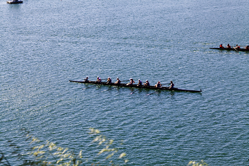 Crew Rowing Women's Team Taking A Break On The Lake During Practice Northern California