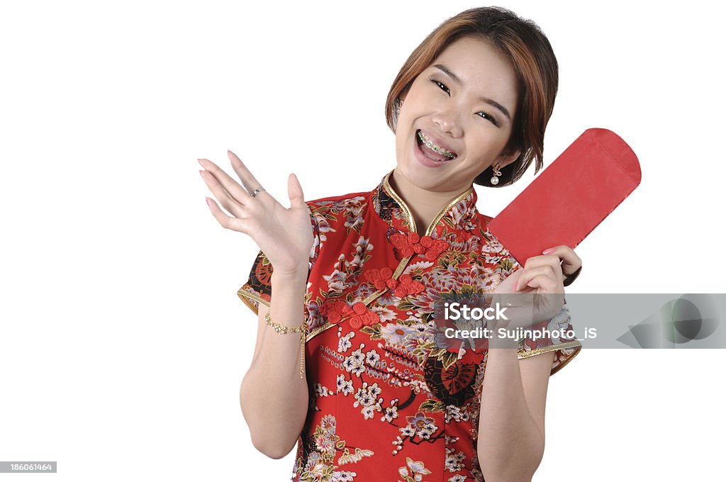 Happy Chinese New Year Happy Chinese New Year,Cheongsam Red, Asian girl, Isolated. Adult Stock Photo