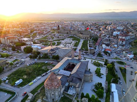 Double Minaret Madrasa and Erzurum Castle views from drone in Turkey