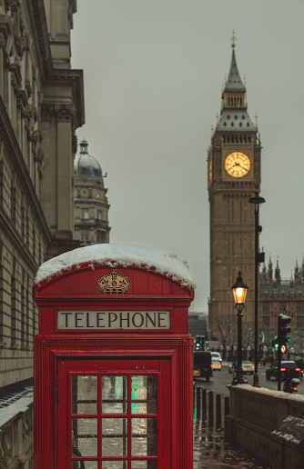 London telephone booth in front of  big ben and the houses of parliament in England