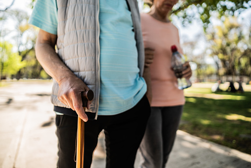 Midsection of senior couple walking on a public park