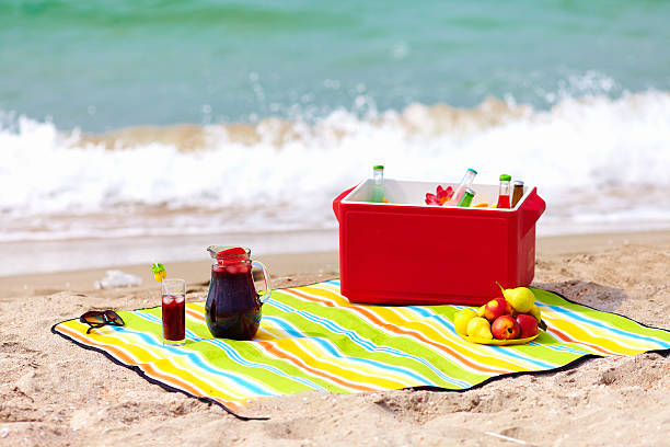 picnic on the beach picnic on the beach beach mat stock pictures, royalty-free photos & images