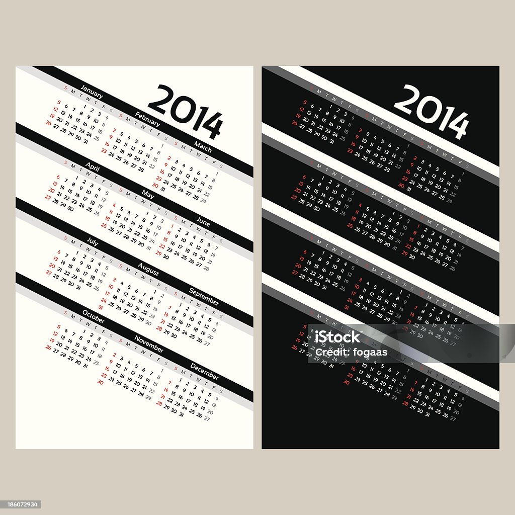 Calendars set 2014 calendar set in two main colors and in diagonal view - black and white - isolated from background. Week stock vector