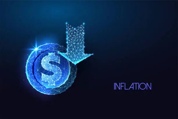 Vector illustration of Inflation, economic downturn, financial crisis futuristic concept with dollar coin and down arrow
