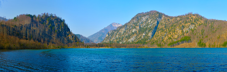 Lake Almsee in Alps mountains, Austria. Beautiful sunset landscape