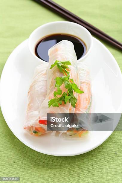 Spring Rolls With Vegetables And Chicken On A Plate Stock Photo - Download Image Now