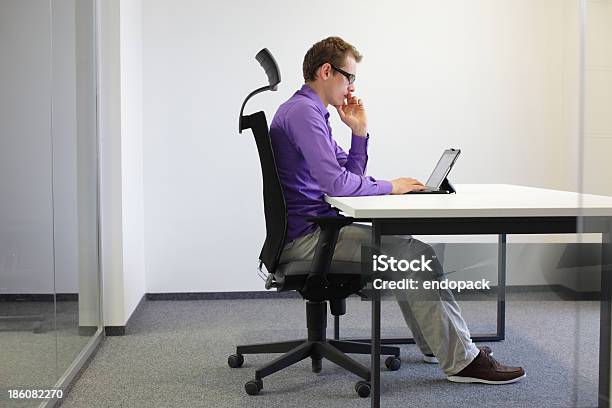 Correct Sitting Position At Desk With Tablet Stock Photo - Download Image Now - Ergonomics, Posture, Chair