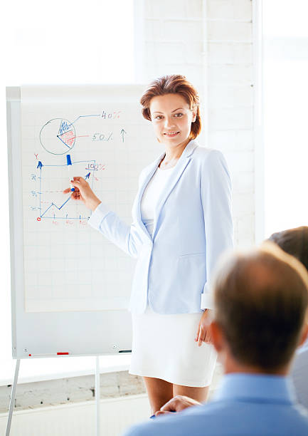 istock businesswoman working with flip board in office 186083830