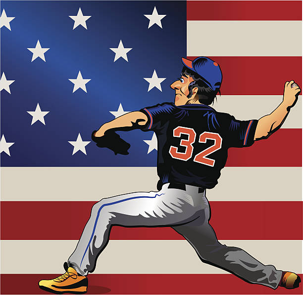 ilustrações, clipart, desenhos animados e ícones de arremessador de beisebol almofadas bola e eua bandeira - baseball player american flag sport men