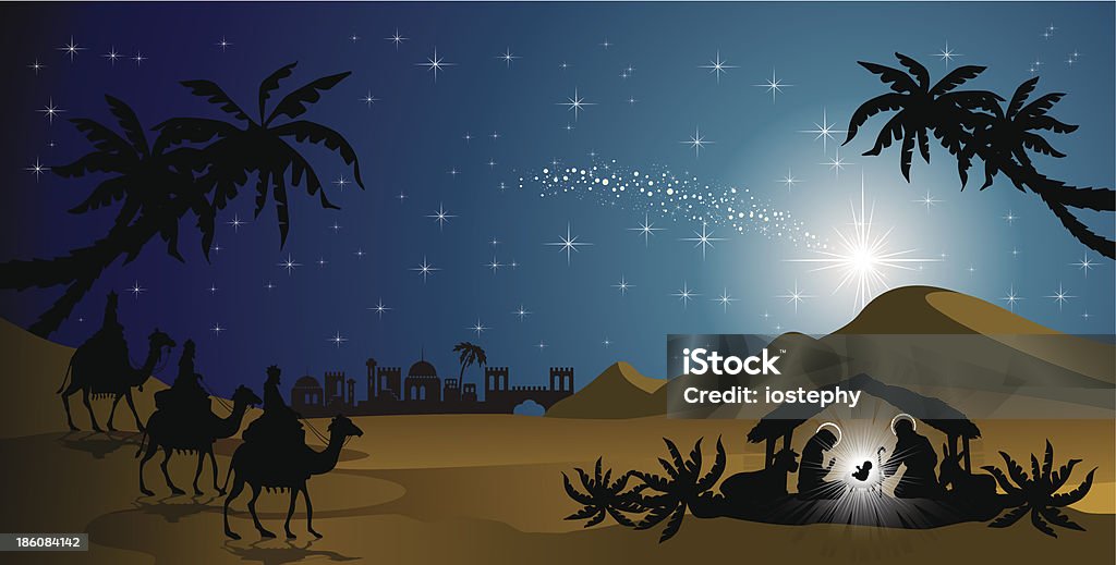 An illustration of the nativity in silhouettes nativity scene with the Holy Family and the Magi of oriental landscape--transparency blending effects and gradient mesh-EPS10 Nativity Scene stock vector