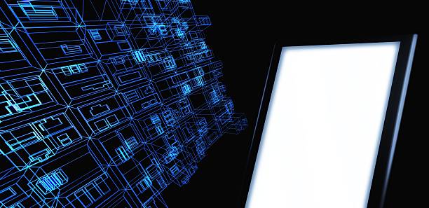 istock Wire frame presentation of building with blank tablet 186085644