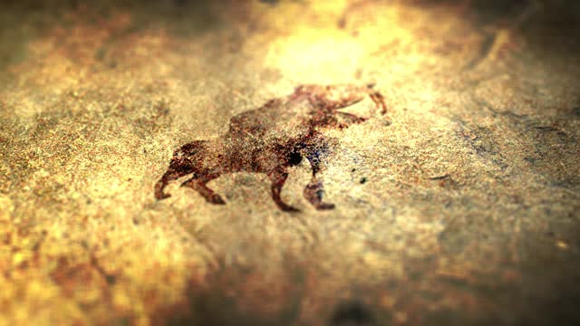 Camera pans over Ancient Cave Painting of a Smilodon or Sabertooth Tiger