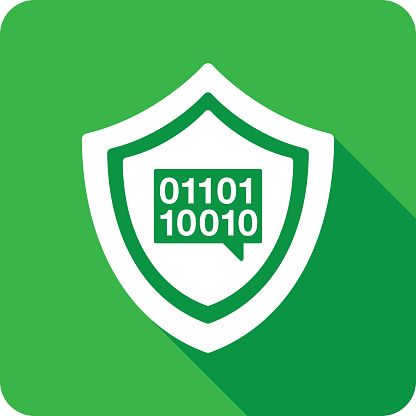 Vector illustration of a shield and speech bubble with ones and zeros against a green background in flat style.