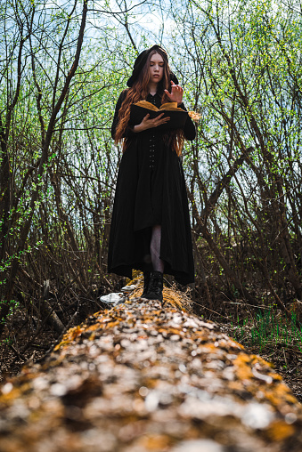 Gothic red haired woman in a black long dress in a gloomy forest. Mystical witch girl.